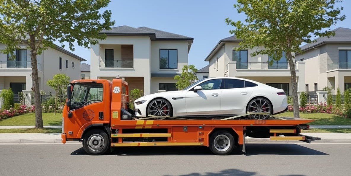 سطحة برتقالية تنقل مرسيدس AMG GT بيضاء في حي سكني